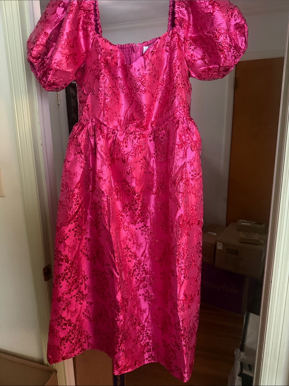 Sugarlips Hot Pink Puff Sleeve Jacquard Wedding Dress